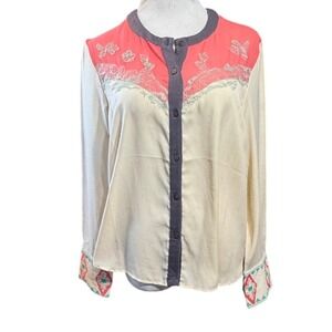Red Ranch Western Blouse Womens Large Lace Embroidered Southwestern Cream Coral